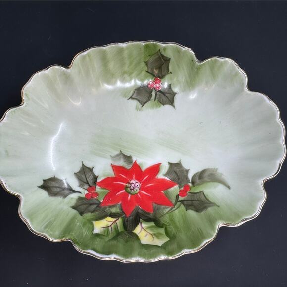 "LEFTON" China, Christmas,Hand Painted,Poinsettia Small Serving DishDish - Picture 2 of 6